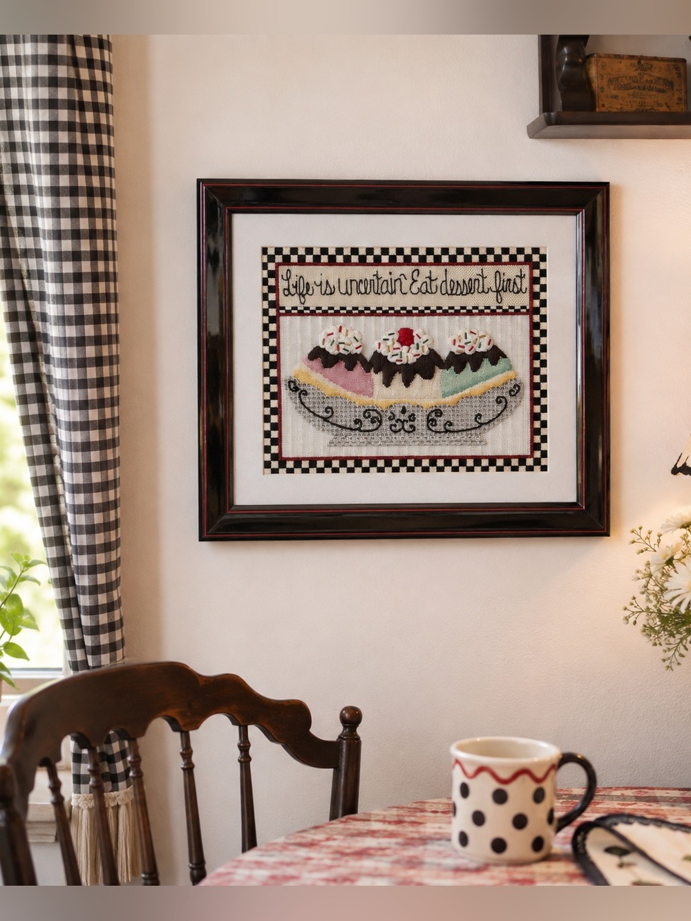 Vintage Retro Dessert Needlepoint Wall Art Checkerboard Kitchen Decor 13.5x15.5